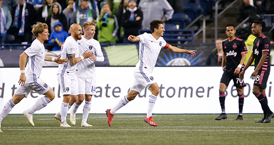 San Jose Earthquakes midfielder Shea Salinas celebrates after scoring one of his two goals
