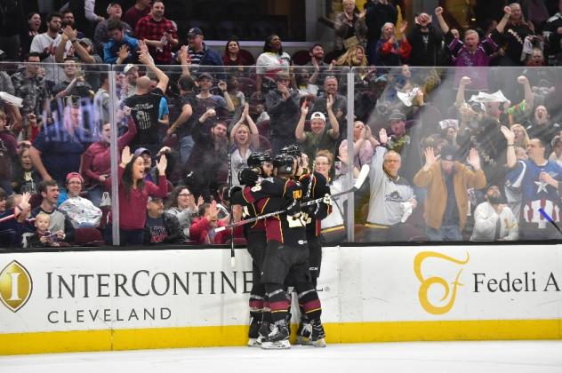 Cleveland Monsters celebrate in front of their fans