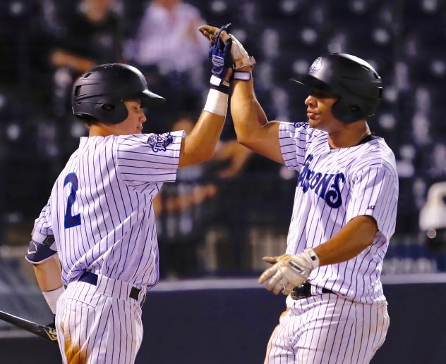 Tampa Tarpons SS Diego Castillo and 1B Dermis Garcia exchange high fives