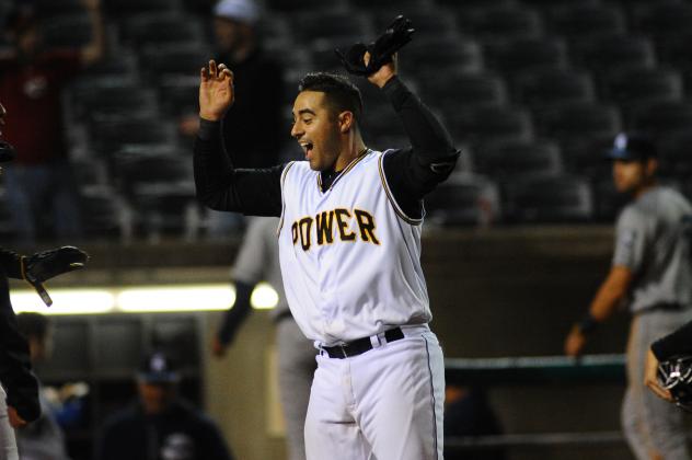 Dean Nevarez of the West Virginia Power reacts after his game-winning home run