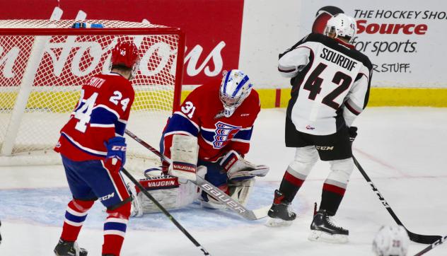 Justin Sourdif of the Vancouver Giants after a shot against the Spokane Chiefs