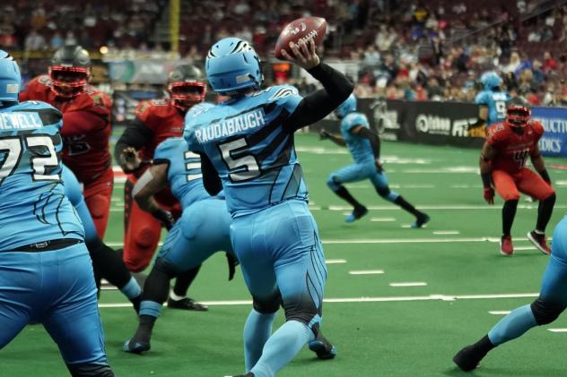 Philadelphia Soul quarterback Dan Raudabaugh passes against the Atlantic City Blackjacks