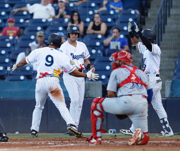 Tyler Hill, Max Burt and Oswaldo Cabrera of the Tampa Tarpons