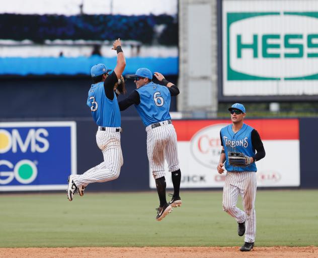 Oswaldo Cabrera, Matt Pita and Max Burt of the Tampa Tarpons