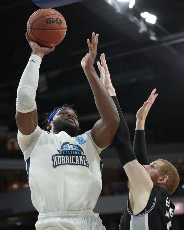 Halifax Hurricanes center Rhamel Brown shoots against the Moncton Magic