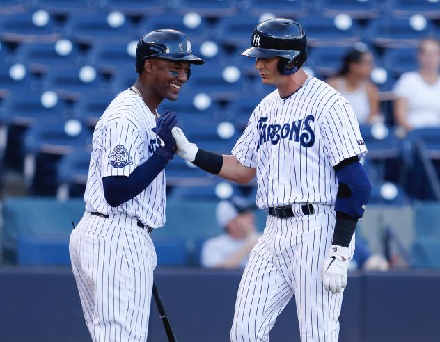 Miguel Andujar congratulates Troy Tulowitzki as both rehab with the Tampa Tarpons