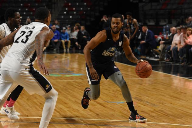 Halifax Hurricanes guard Tyler Thornton looks for an opening against the Moncton Magic