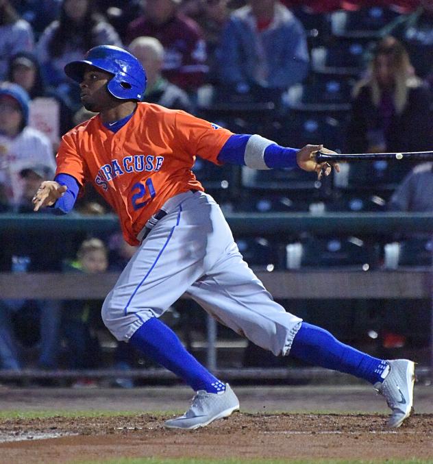 Rajai Davis of the Syracuse Mets reached base four times with two hits and two walks on Wednesday night at Lehigh Valley