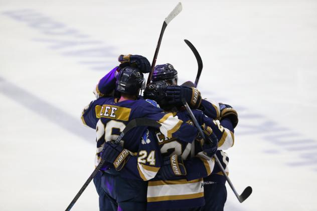 Sioux Falls Stampede celebrate against the Tri-City Storm