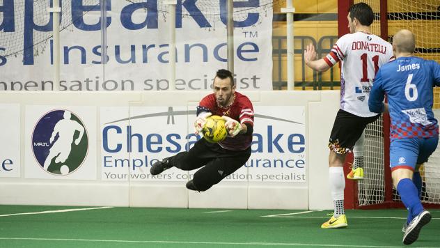 Baltimore Blast goalkeeper William Vanzela makes a diving save