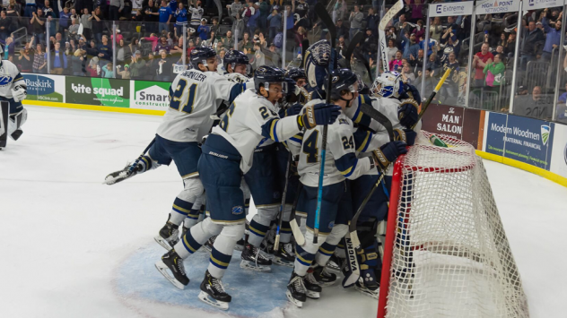 Sioux Falls Stampede celebrate a playoff series win against the Tri-City Storm