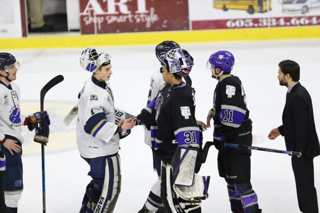 Tri-City Storm and Sioux Falls Stampede exchange handshakes following their playoff series