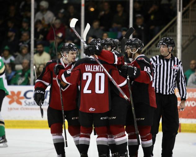 Vancouver Giants celebrate a goal against the Prince Albert Raiders