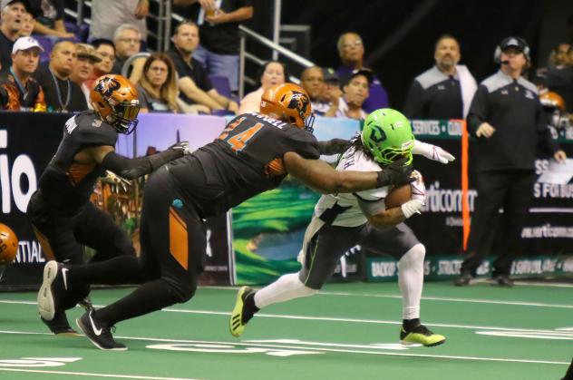 Lance McDowdell of the Arizona Rattlers makes a tackle against the Nebraska Danger