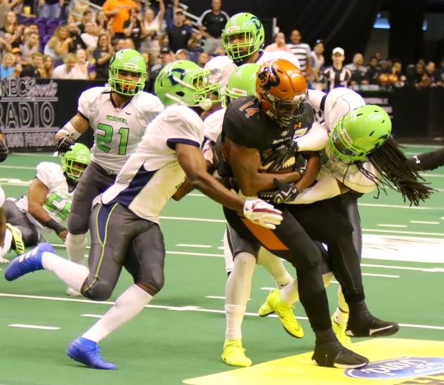 Darrell Monroe of the Arizona Rattlers is gang tackled by the Nebraska Danger