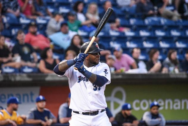 Pensacola Blue Wahoos third baseman Miguel Sano awaits a pitch