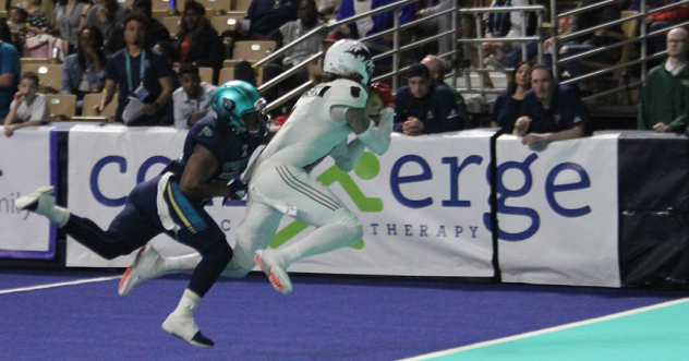 Jacksonville Sharks catch a touchdown pass against the Massachusetts Pirates