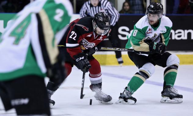 Vancouver Giants right wing Jared Dmitriw with the puck against the Prince Albert Raiders