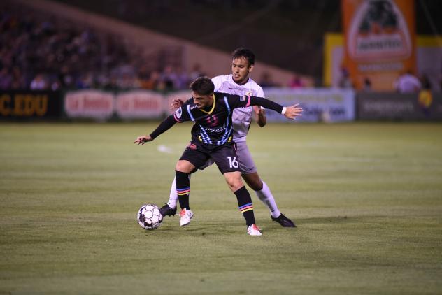 Sacramento Republic FC defends against Las Vegas Lights FC midfielder Lucas Scaglia