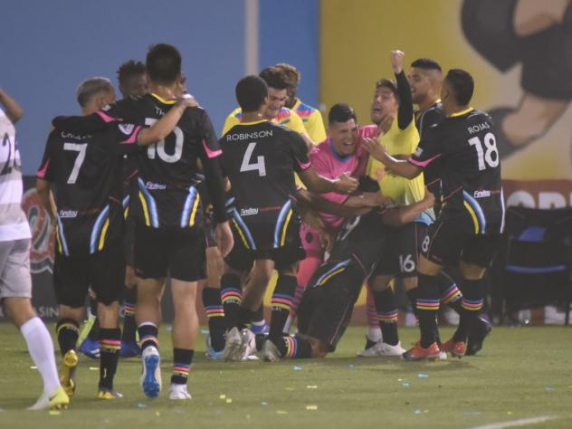 Las Vegas Lights FC players were elated after Santiago Echavarria scored 10 minutes after making his professional debut