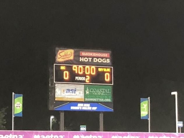 The scoreboard shows the result of North Carolina Courage's draw vs. Sky Blue FC