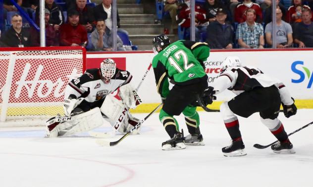 Vancouver Giants goaltender David Tendeck faces the Prince Albert Raiders