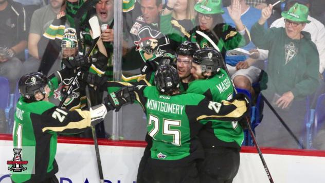 Prince Albert Raiders celebrate against the Vancouver Giants