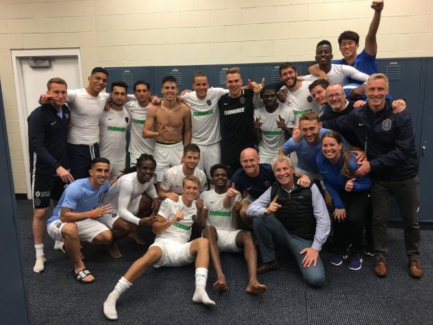 Memphis 901 FC celebrates their win over Hartford Athletic