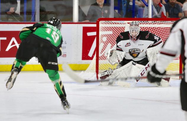 Vancouver Giants goaltender David Tendeck faces the Prince Albert Raiders