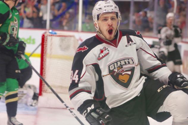 Vancouver Giants left wing Brayden Watts reacts after his goal against the Prince Albert Raiders
