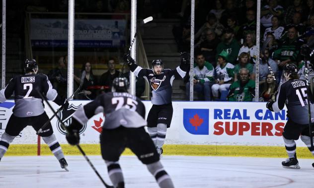 Jared Dmytriw of the Vancouver Giants celebrates his goal against the Prince Albert Raiders in Game 6