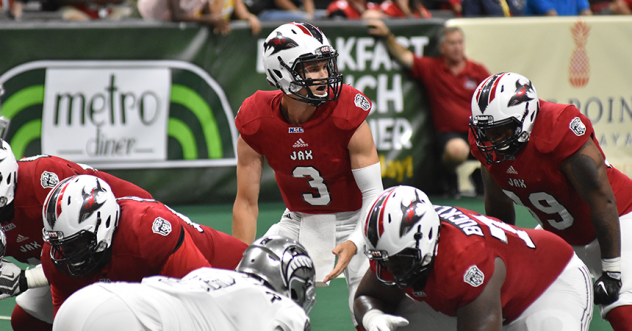 Quarterback Jonathan Bane directs the Jacksonville Sharks offense