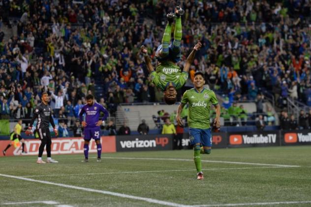 Handwalla Bwana of Seattle Sounders FC flips after scoring his first goal of the season in Wednesday's 2-1 win over Orlando City SC