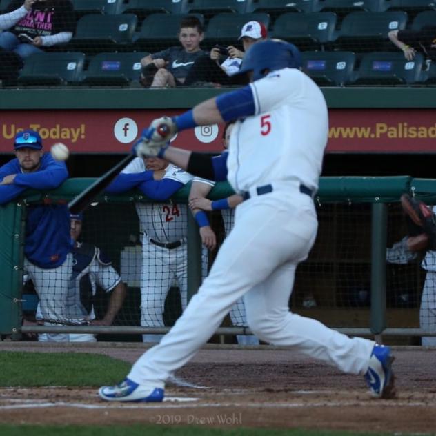 Matt Oberste blasts a first-inning homer for the Rockland Boulders