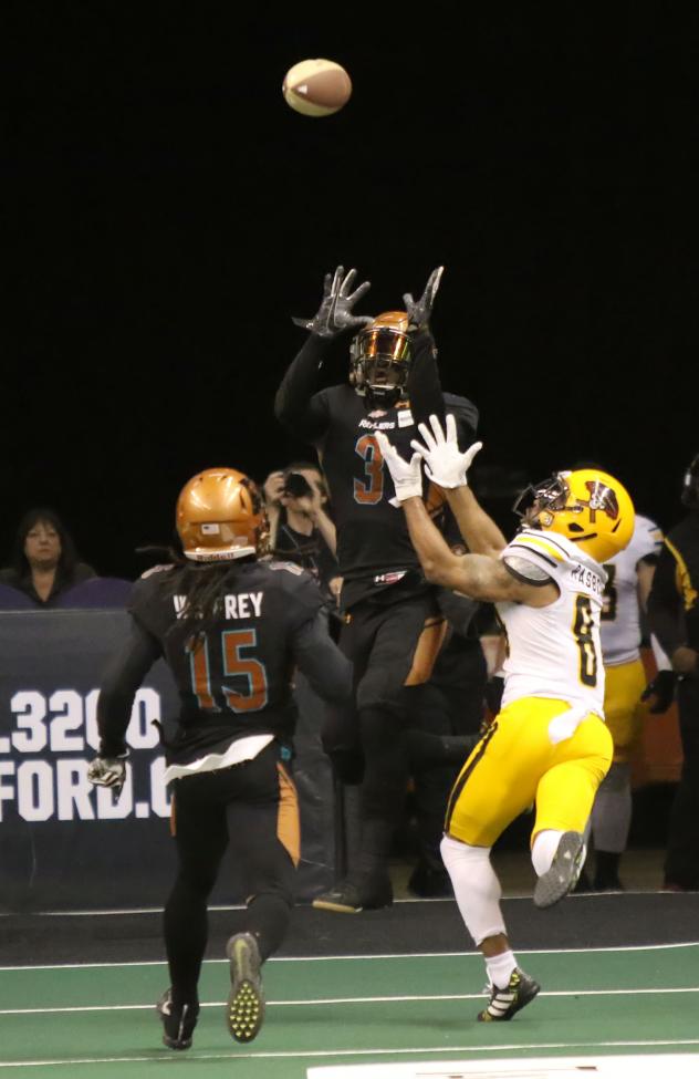 Allen Chapman of the Arizona Rattlers jumps to catch the ball against the Tucson Sugar Skulls