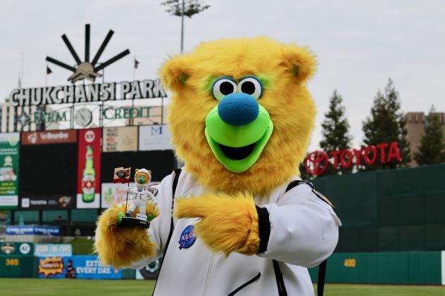 Fresno Grizzlies mascot Parker with astronaut bobblehead