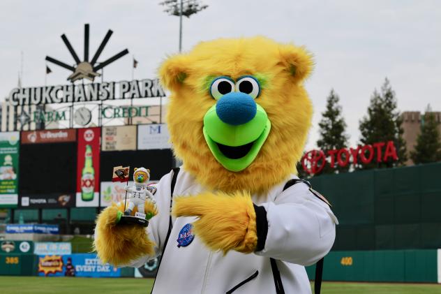 Fresno Grizzlies mascot Parker with astronaut bobblehead