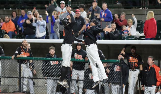 David Washington and Daniel Fields of the Long Island Ducks give high fives