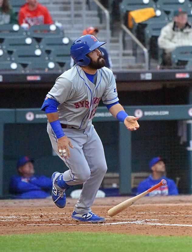 Luis Guillorme of the Syracuse Mets watches his home run ball fly out of the ballpark on Wednesday night in Buffalo