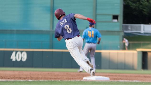 Preston Beck of the Frisco RoughRiders rounds first
