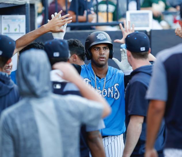 Dermis Garcia of the Tampa Tarpons receives congratulations in the dugout