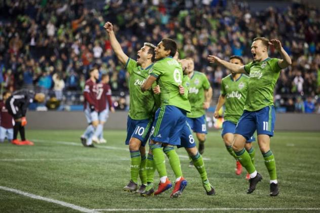 Seattle Sounders FC celebrates a goal