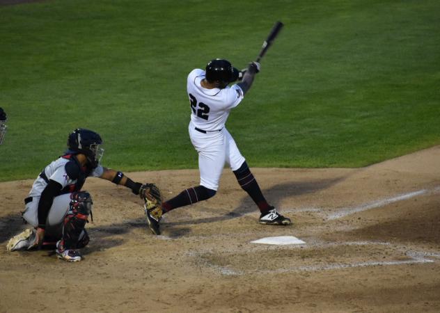 Michael Crouse of the Somerset Patriots swings for the fences