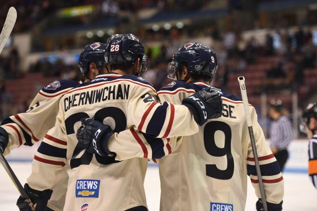 South Carolina Stingrays huddle up after a goal