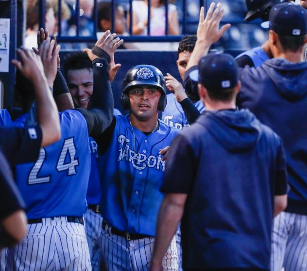 Angel Aguilar of the Tampa Tarpons receives high fives in the Tampa Tarpons dugout