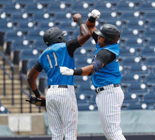 Estevan Florial and Dermis Garcia celebrate for the Tampa Tarpons