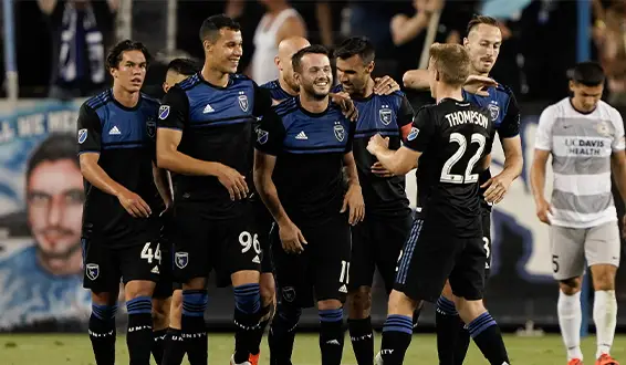 Vako and the San Jose Earthquakes celebrate a goal against Sacramento Republic FC in the U.S. Open Cup