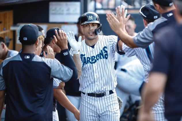 Giancarlo Stanton receives congratulations in the Tampa Tarpons dugout