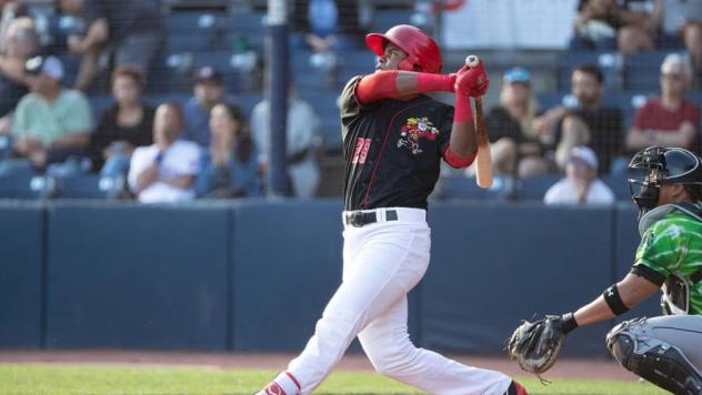 Vancouver Canadians OF MC Gregory Contreras crushes a double which led to the winning run on Monday night