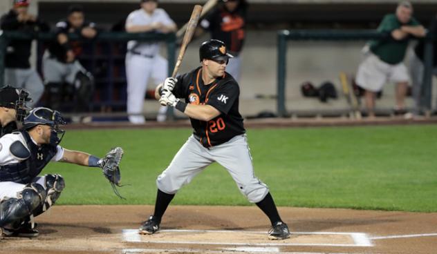 Lew Ford of the Long Island Ducks awaits a pitch